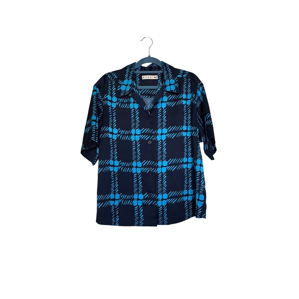 Marni x Uniqlo Navy Blue Plaid Short Sleeve Button Down Shirt